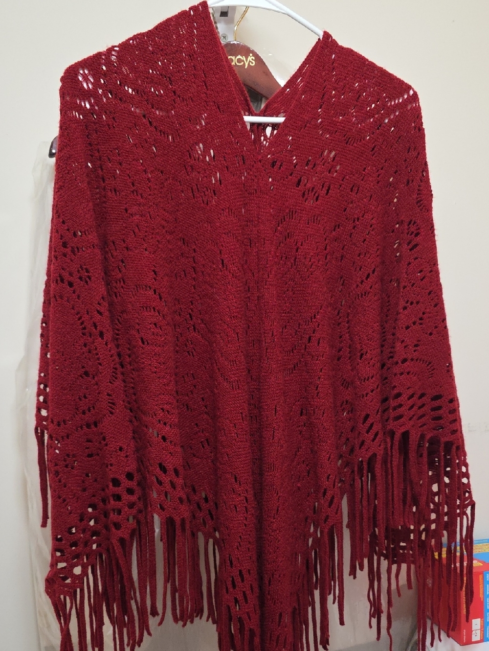 Women's Red Crochet Fringe Poncho Sweater